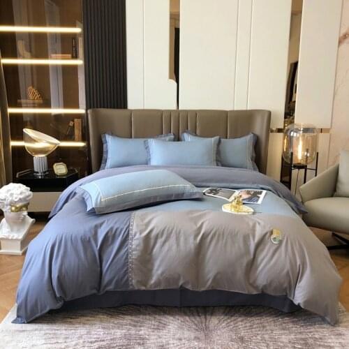 Blue Gray Embroidery Patchwork Duvet Cover with Zipper Ties super soft comfor 100%cotton bedding set 4pcs Double Queen King size