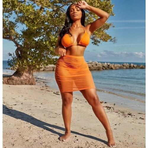 Summer Clothing Beach 3 Piece Bikini Set Sexy Solid Mesh Sheer Swimwear Women Fitness Running Sports Beachwear Bathing Suits