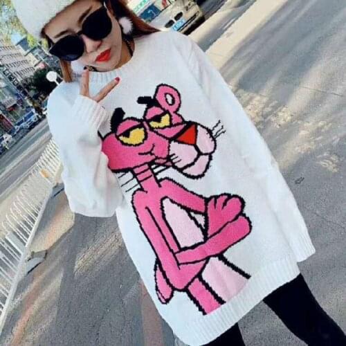 Autumn and Winter New Korean Version of Loose Cartoon Pink Leopard Long-sleeved Sweater Pullover Pink Sweater Woman Sweaters