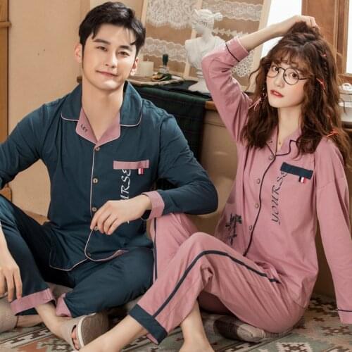 Couples Cotton Pajamas Long-Sleeved Cotton Spring and Autumn Cotton Pajamas Womens Mens Homewear Set