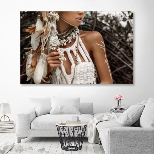Female Portrait Wall Art Indian Hair Feather Girl Nordic Posters and Prints Canvas Painting Native Wall Pictures For Living Room