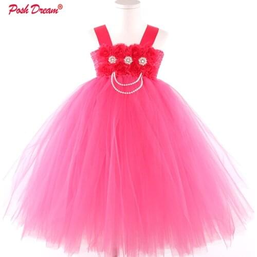 POSH DREAM Floral Rose Pink Flower Children Party Tutu Dresses with Pearls Voile Tulle Toddler Baby Girls Birthday Clothes Dress