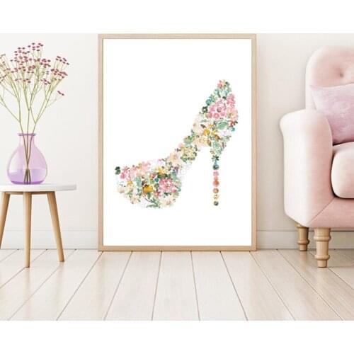 Modern Fashion Floral High Heels Shoe Art Print Dressing Room Wall Decoration Watercolor Flower Painting Canvas Poster Girl Gift