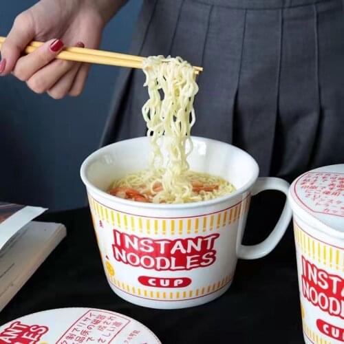 Japanese Ceramic Instant Noodle Bowl With Lid And Handle Noodle Bowl Salad Home Tableware Bowl Creative Kitchen Tableware