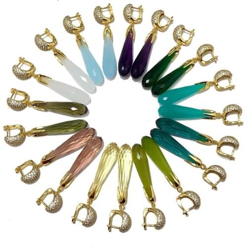 High Quality Candy Style Drop Earrings 18 Kinds of Color Water Drop Original Crystal 3 Gold Color Buckle Earrings For Women