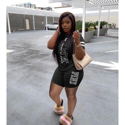 Pink Letter Print 2 Piece Biker Short Set 2021 New Women Clothing Two Piece Outfits Summer