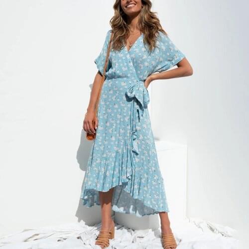 Blue Floral Print Summer Wrap Dress Robe Women Rufflled Boho Maxi Long Dress Vintage Beach Dress Short Sleeve Sundress 2021