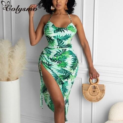 Colysmo Floral Dress Women Summer Neck-mounted Spaghetti Straps Robes Side Split Backless Dresses for Femme Boho Beach Wear 2021