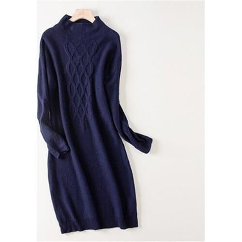 Cashmere wool blend argyle twisted thick knit women pullover sweater dress half high collar mid long H-straight M/L
