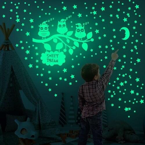 Zollor Luminous Tree Branch Owl Star Dot Wall Sticker Bedroom Living room Childrens room Fluorescence Decorative Stickers