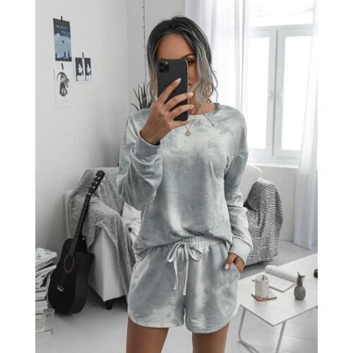 2021 Autumn Loungewear Women Tie Dye Shorts Lounge Wear Pajama Set Suit Women Home Suit Long Sleeve Homewear Nightgown 2 pcs