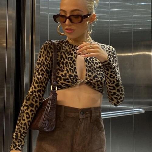 2021 Sexy Hollow Out T-Shirts Crop Tops Club Streetwear Long Sleeve Front Open Cut Out Bodycon Leopard Print T-Shirt Hot Sale