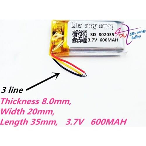 3 wires Polymer battery 802035 3.7V 600MAH smart home MP3 speakers Li-ion battery for DVR,GPS,MP3,MP4,cell phone,speaker