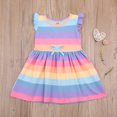 Kids Girls Fashion Fly Sleeve Rainbow Striped Dress Stylish Angel Wings Dress for Children Girls