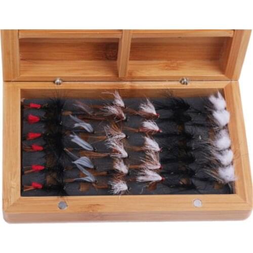 Maximumcatch Classic Wooden Fly Fishing Box Bamboo Natural Fly Fishing Box & Micro Slit Foam With 36pcs Dry flies Combo