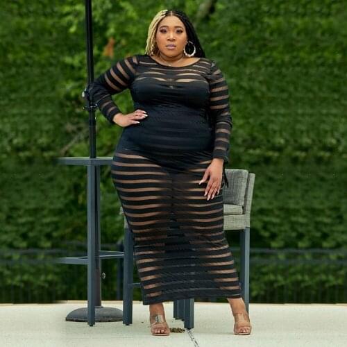 Summer Dress Women Plus Size Mesh Dress with Striped Lining Transparent Club Party Sexy Maxi Dresses Wholesale Dropshipping