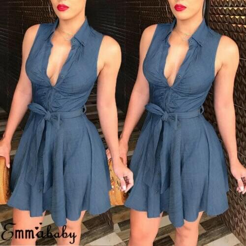 Fashion Women V Neck Sleeveless Button Down Denim Blue Dress Belted Party Short Bowknot A-Line Mini Dress