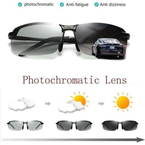 Mens Rimless Driving Polarized Sunglasses Transition Lens Black Gray Frame Photochromic Eyewears Pilot UV400 Anti-Glare Goggles