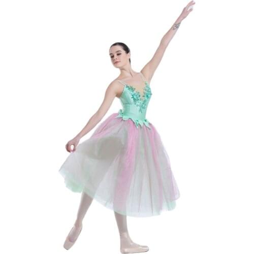 All For Dance New Green Spandex Bodice Rose Red&Green Tulle Romantic Ballet Stage Dance Long Dress Performance Dancewear