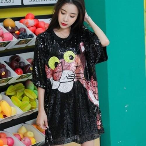 High Street Shining Anime Pattern Hip Hop Casual Straight O-neck Half Sleeve Free Size Loose Black Summer Sequined Dress 9845