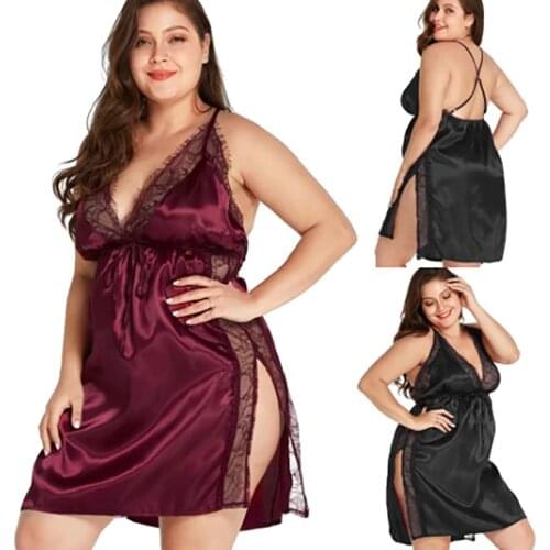 Plus size Womens one-piece pajamas sets Sexy Satin Nightgown Sleepwear Lace Sleeveless Lingerie V Neck Nightshirt Size s-5XL