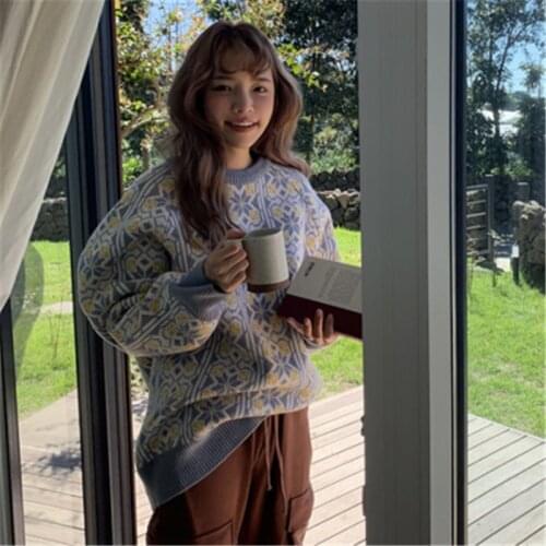 New Retro Pattern Colorful Knit Sweater Women Fall Sweet Cute Casual Loose O-neck Pullover Soft Streetwear Jumper Female Top