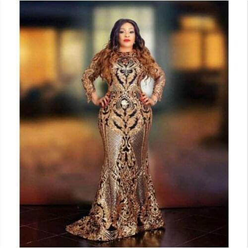 Plus Size Mermaid Evening Dresses O Neck Sequins Long Sleeve Prom Dress Sweep Train Party Formal Gowns Robes Cheap In Stock