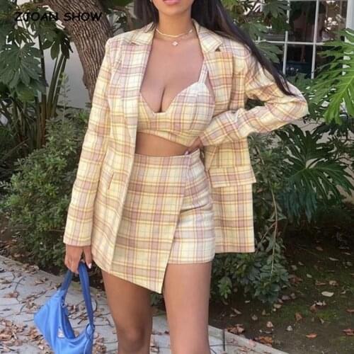 2020 Boyfriend style One Button Mid Long Check Plaid Women Blazer High Waist Shorts Short Pants Long Sleeve Suits 3 Pieces Set