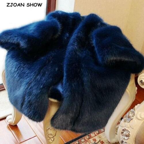 HIGH QUALITY Oversize Winter V neck Hairy Shaggy Faux Fur Coat Royal Blue 3/4 Sleeve Furry Fur Long Women Jacket Outerwear