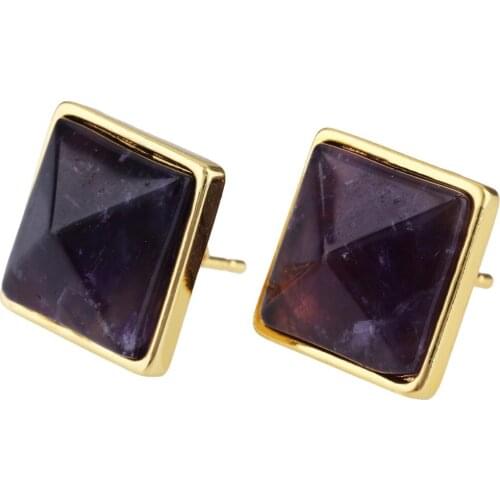 TUMBEELLUWA Purple Crystal Pyramid Healing Stone Beads Gold Tone Stud Earrings for Women