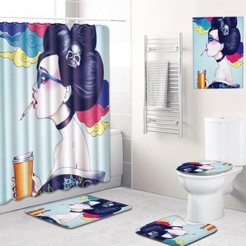 African American Shower Curtain Traditional Black Women Blow Bubbles with Red Hair Polyester Fabric Bathroom Set with Hooks