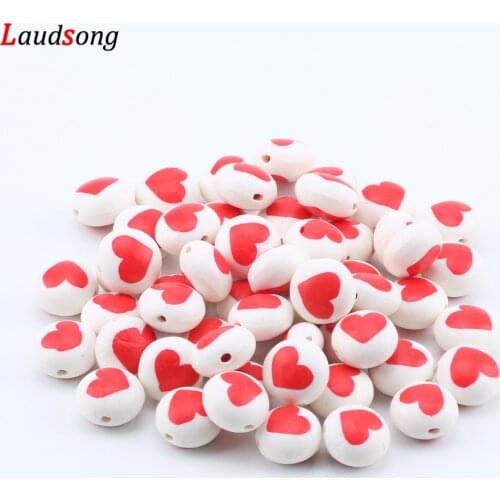 20pcs 12mm White Heart Painting Polymer Clay Beads Round Loose Spacer Beads For Jewelry Making Diy Bracelet Jewelry Finding