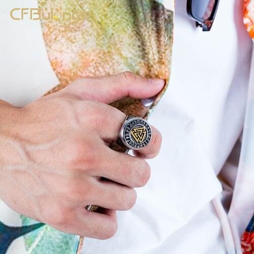 CFBulongs Retro Viking Odin Gold Triangle Symbol Mens Ring Stainless Steel Nordic Norwegian Jewelry