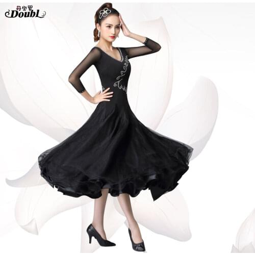 Doubl ballroom dress standard Women Dance Stage Performance Suit ladys Skirt Standard Dance Long Sleeve Skirt New Style Black