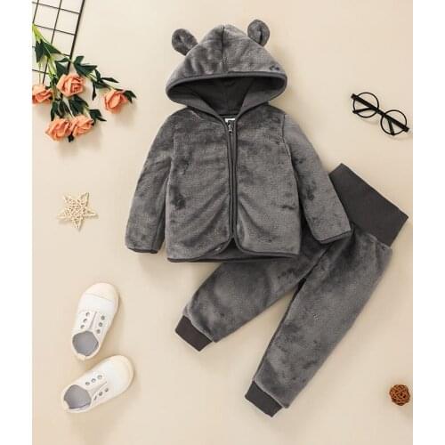 Baby clothing set 2021 autumn and winter fashion boy warm hooded zipper jacket coat + trousers girl cute animal image 2PCS