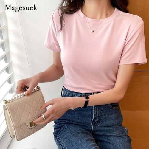Korea Style 2021 Summer Slim Tops Womens Cotton Solid O-Neck T-shirt Plus Size Fashion Short Sleeve for Women Blusas 13870