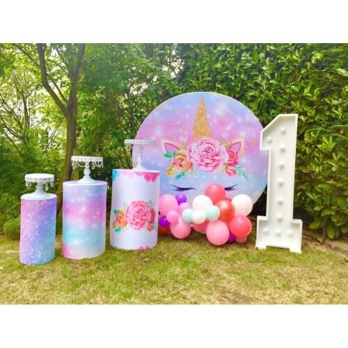 Round circle background birthday mini table party decor unicorn theme baby shower elastic fabric 3 cylinder plinths cover