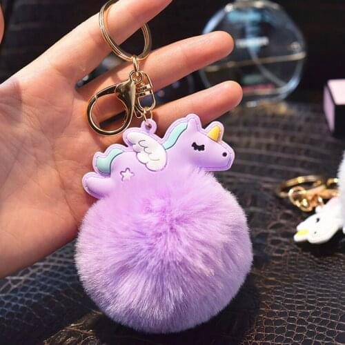 Multi Color Soft PVC Unicorn Fur Ball Alloy Keychain Bag Ornament Wholesale Pom Pom Keychain Pendant Llaveros Para Mujer