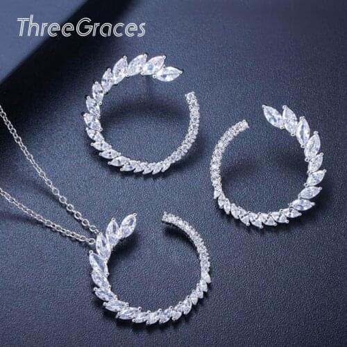 ThreeGraces Summer New Korean Fashion Jewelry Set White Cubic Zircon Crystal Round Leaf Earrings Necklace for Ladies Gift JS070