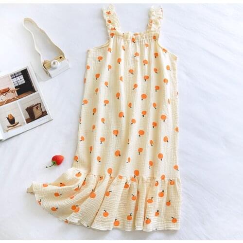 Summer Sleeping Skirt Double Layer Gauze Crepe Nightgowns Sleeveless Spaghetti Strap Night Dress Women Sleepwear Print Nightwear