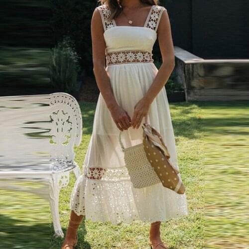 2021 spring and summer popular womens new fashion long skirt with lace stitching Ruffle hollowed out comfortable casual dress