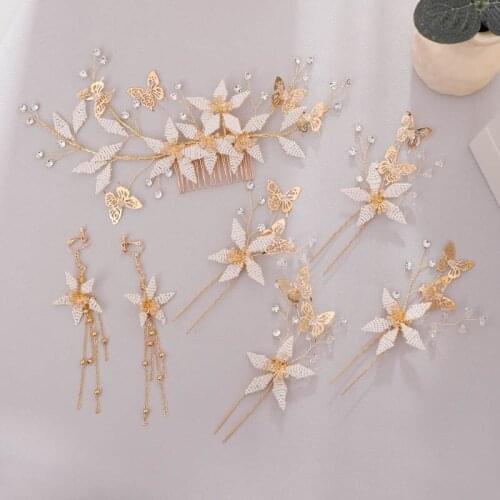 New Design Women Girl Bride Noiva Wedding Party Gold Metal Crystal Beads Hair Combs Hairpins Clips Sticks Earrings Jewelry Sets