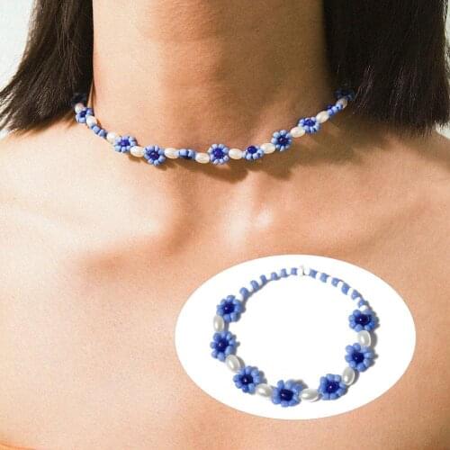 Necklace color beads and imitation pearl Creative Elegant Blue Flower Pearl beautiful Anklet Chain 2021