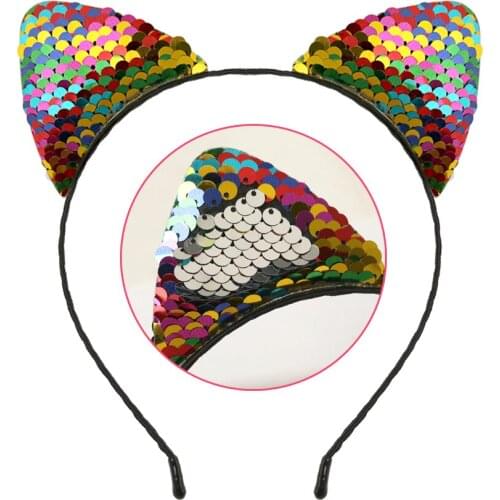 6pcs/set Reversible Glitter Sequins Cat Ear Headbands Hot Pink Purple Rainbow Mermaid Hairbands DIY Hair Accessories