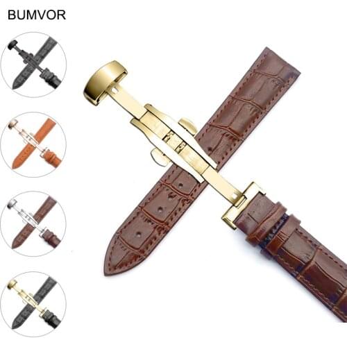 14-24mm Genuine Leather Watch Straps High Quality Double Button Butterfly Clasp Universal Strap Steel Buckle Bracelet Bangle