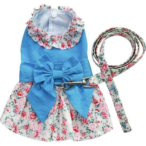 Dog Cat Dress Harness Floral Breathable Princess Cotton Puppy Dress for Dogs Easy to Wear W/ Leash