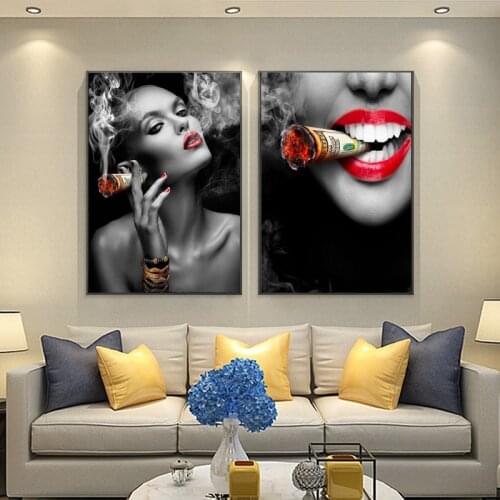 Modern Wall Art Sexy Red Lips Hot Women Smoking Dollar Canvas Painting Wall Pictures Prints For Living Room Bar Poster Decor