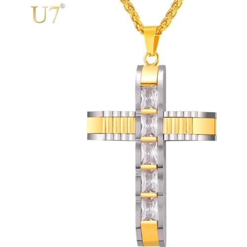 U7 Big Cross Necklace & Pendant Two-tone Gold Color Stainless Steel Cubic Zirconia Christian Jewelry For Men/Women Gift P1089
