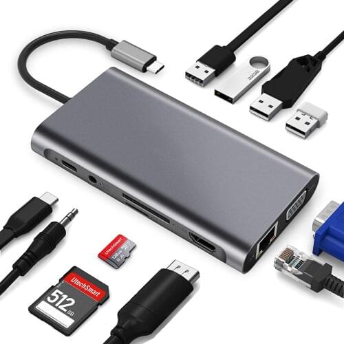 USB 3.1 Type-C Hub to HDMI Adapter 4K Thunderbolt 3 USB C Hub 3.0 RJ45 VGA SD TF Reader Slot PD For MacBook Air Pro 2020 M1 Chip