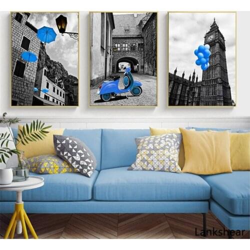 European City Landscape Posters Nordic Canvas Painting Wall Art Print Blue Decor Balloon Umbrella Scenery Picture for Home Decor